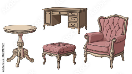 Set of classic wooden furniture featuring a vintage writing desk, a round pedestal table, an armchair, and a tufted footstool.