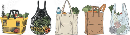 Set of different grocery shopping bags including plastic paper eco friendly cloth tote and net bags flat vector illustration