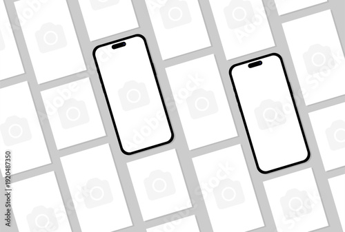Isometric mockups of smartphones superimposed on a photographic grid background, multi-device display with image placeholder icons, creative mobile app gallery concept