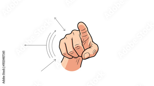 Human hand illustration pointing forward with index finger showing motion lines and direction arrows on a clean white background.