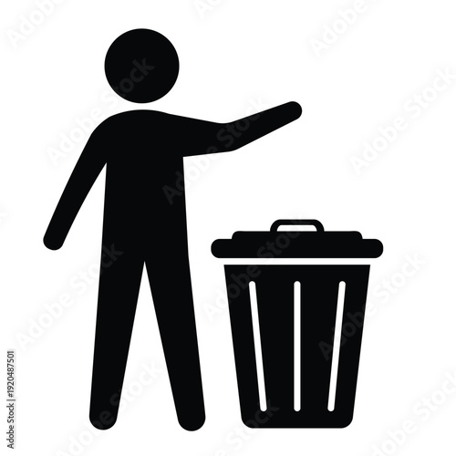 Black silhouette icon showing a person disposing of waste in a trash can with an open lid. Professional graphic for sanitation and housekeeping.