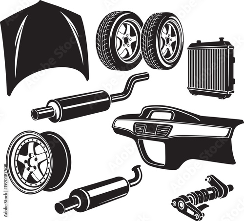 Black and White Car Parts Illustration with Various Automotive Components