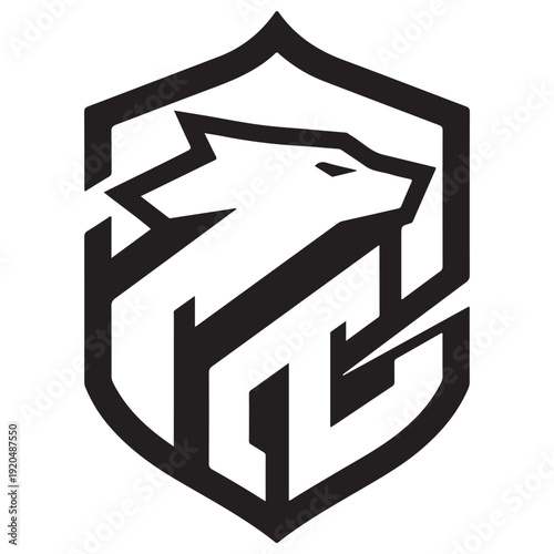 Minimalist Wolf Head Shield Logo Design Representing Strength and Protection, Professional Black and White Vector Graphic for Gaming Security or Sports Branding with a Bold Aesthetic.