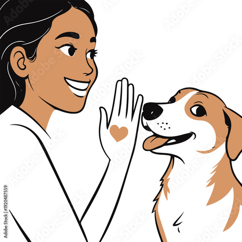 Flat black outline illustration of human and dog interaction, paw handshake combined with playful love nibble gesture, isolated on white