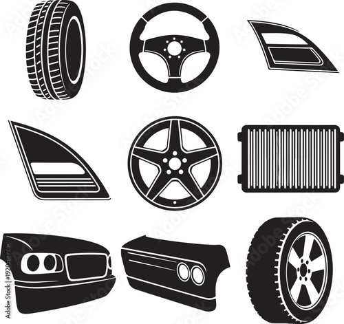 Black and White Car Parts Icons Set for Automotive Design