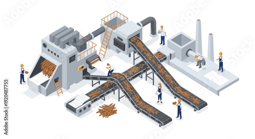 Isometric illustration depicting a coal processing plant with conveyor belts and workers presented as a silhouette high quality professional detailed modern