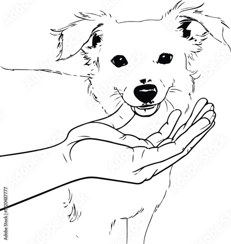 Clean monochrome vector of a dog lightly nibbling human’s palm in playful affection, thin line, no shadows