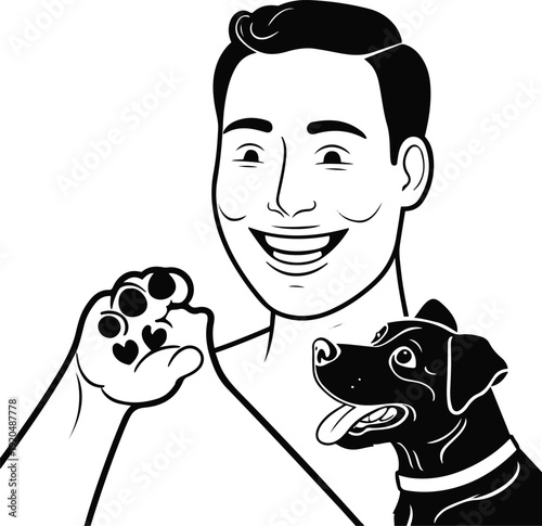  Flat black outline illustration of human and dog interaction, paw handshake combined with playful love nibble gesture, isolated on white 2