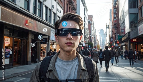 Teenager walking in the city wearing AI smart glasses for navigation and social media, floating UI icons around the glasses, lifestyle moment, cinematic natural light, 