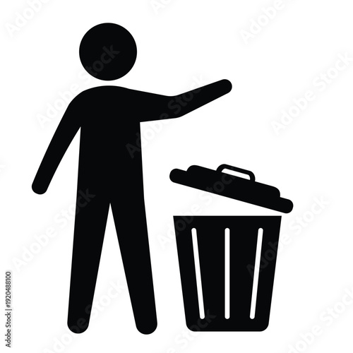 Black silhouette icon showing a person disposing of waste in a trash can with an open lid. Professional graphic for sanitation and housekeeping.