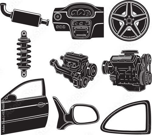 Vector Set of Car Parts: Engine, Dashboard, Exhaust, Wheel, Door, Mirror, Shock Absorber
