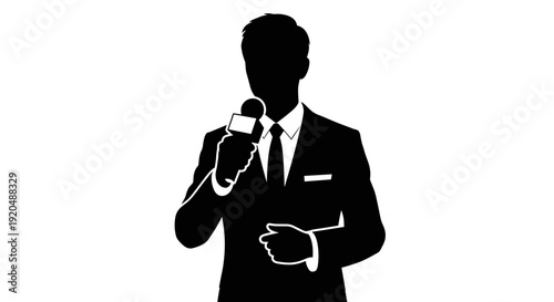 Silhouette of man holding microphone.