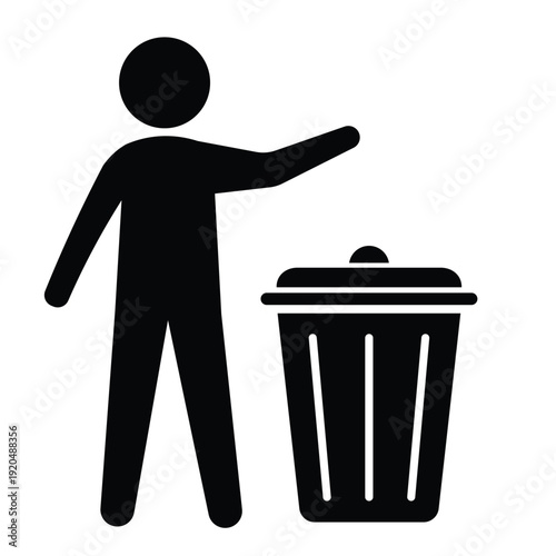Black silhouette icon showing a person disposing of waste in a trash can with an open lid. Professional graphic for sanitation and housekeeping.