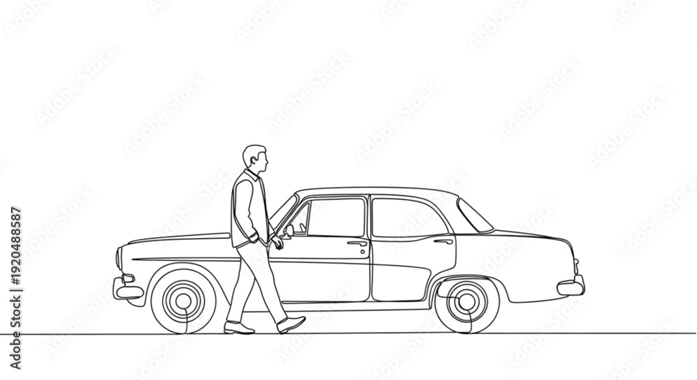 Fototapeta premium Man walking towards vintage car in minimalist line art style