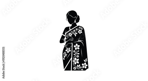 An elegant black silhouette depicts a woman in traditional indian sari attire with floral details silhouette high quality professional detailed modern
