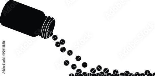 Black Bottle Pouring Black Pills on White Background