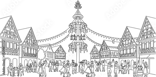 German Maypole Maibaum Town Square Monoline Background