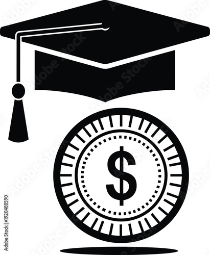 Black graduation cap with dollar sign coin underneath