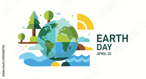 Earth Day illustration in flat design with green and blue colors on white background for environmental awareness