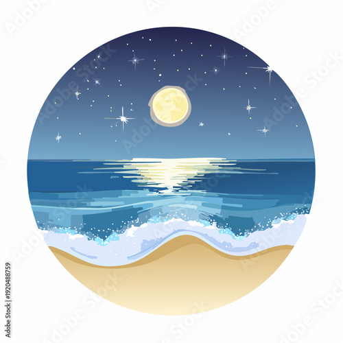 Serene night beach landscape with glowing moon reflection over ocean waves and starry sky, perfect for peaceful designs