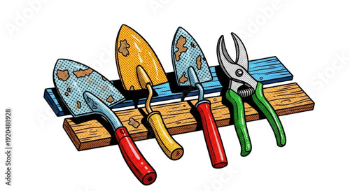 Garden tools displayed on wooden rack with worn paint and colors  
