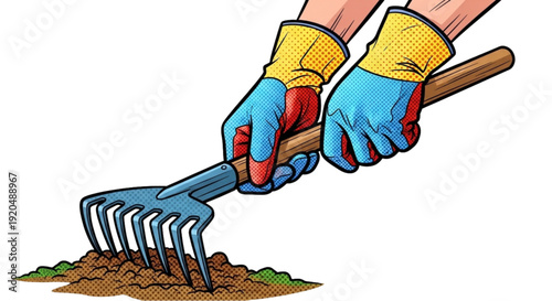 Hands using gardening fork to dig soil in bright colors  