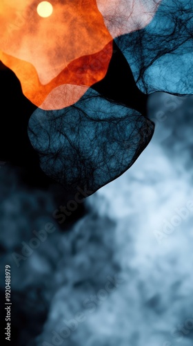 Abstract art with glowing sun and textured shapes in blue and orange hues with soft smoky background in vertical orientation