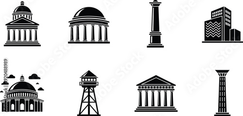 Government and historical buildings silhouettes set, courthouse museum monument tower architecture collection isolated on white background vector illustration