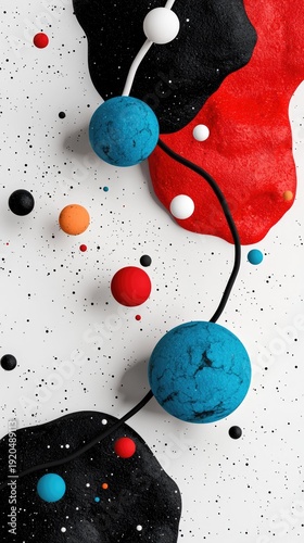 Abstract Digital Art with Floating Spheres and Vibrant Splatters in Red Blue Black and White Featuring Textured Particles and Starburst Effects