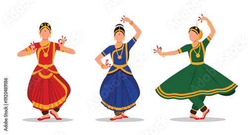 Three indian dancers in traditional attire pose gracefully showcasing vibrant colors and dynamic movement silhouette high quality professional detailed modern elegant