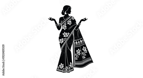 A striking black silhouette of a woman in traditional indian attire gracefully posing with outstretched arms silhouette high quality professional detailed