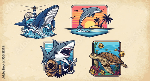 Oceanic Wildlife Collection with Whales Dolphins Sharks and Turtles.