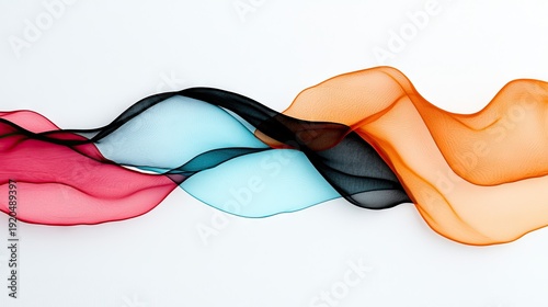 Abstract futuristic holographic wave background with flowing ribbons of pink blue black and orange against a clean white backdrop in soft ambient lighting representing data flow and technology