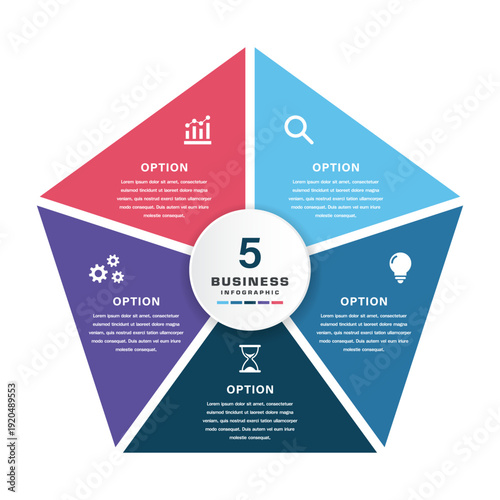 Star Shaped Business Infographic Diagram with Five Segmented Points, Icons, and Central Circle Hub for Corporate Strategy, Marketing, Education, and Presentation Templates