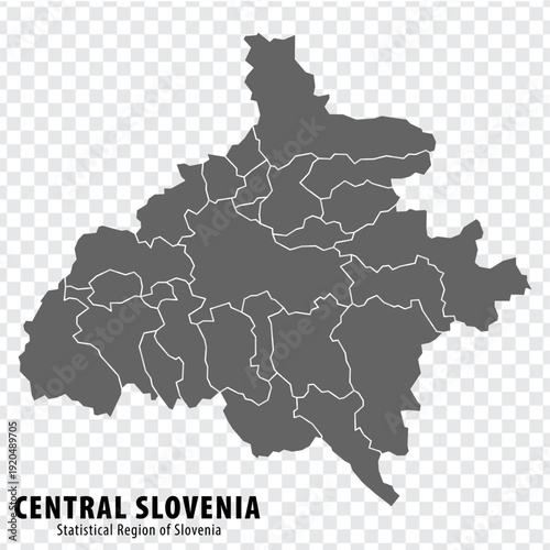Blank map of Central Slovenia Statistical Region. High quality map Central Slovenia with municipalities on transparent background for your web site design, logo, app, UI. Slovenia. EPS10.