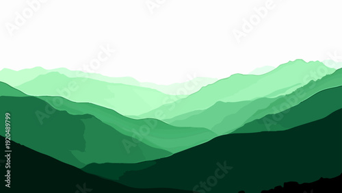 Vector Panoramic view of layered green mountains, capturing natural beauty, serenity, and the grandeur of the landscape, evoking a sense of tranquility and the majesty of nature's artistry Design