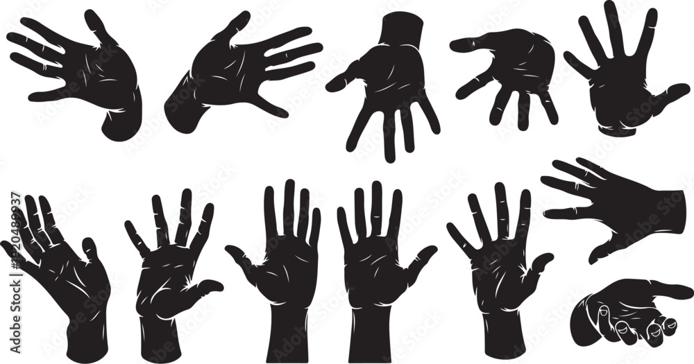 Fototapeta premium Collection of black hand silhouettes in various gestures and positions
