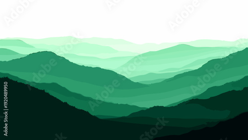 Vector Serene vista of layered green mountains, capturing the grandeur of nature, scenic beauty, and landscape majesty in a peaceful artistic style Design