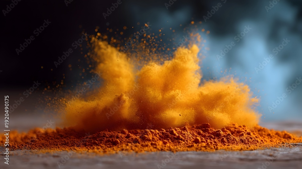 Fototapeta premium Explosion of vibrant orange powder captured in dynamic motion against a dark blurred background