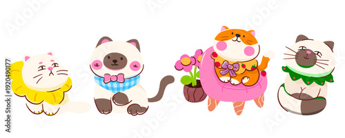 A set of four cute hand-drawn illustrations of cats wearing collars.