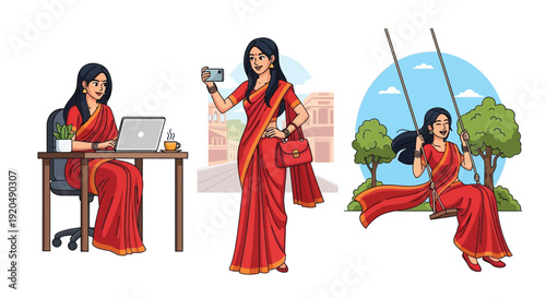 An illustration depicts a woman in a red sari working walking and swinging showcasing modern indian life silhouette high quality professional