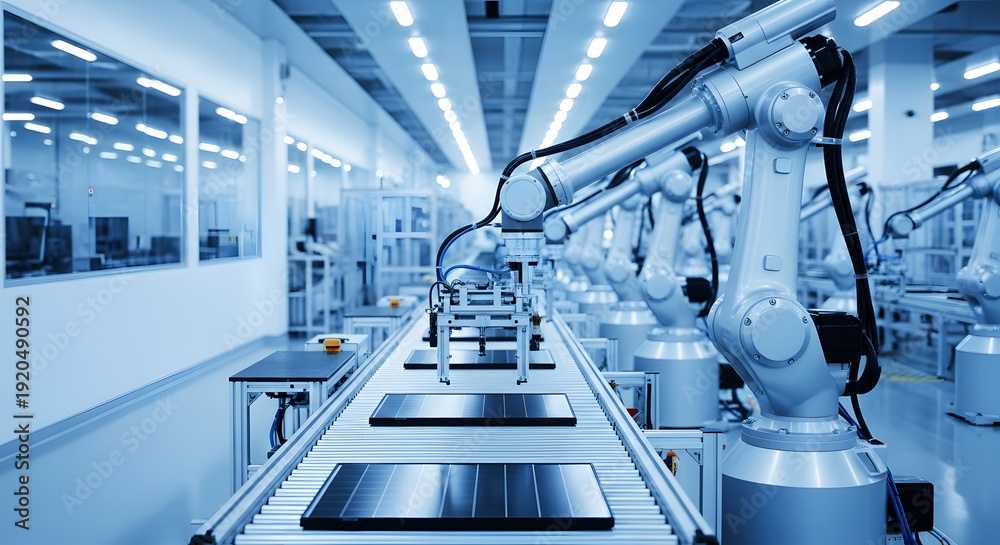 Naklejka premium Robotic arms assembly line with solar panels on conveyor belt factory automation