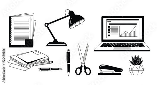 A collection of office supplies including a laptop documents and stationery in black silhouette high quality professional detailed modern elegant stylish
