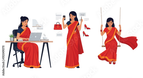 An illustration depicts a woman balancing work and leisure shown in various poses as a silhouette high quality professional detailed modern
