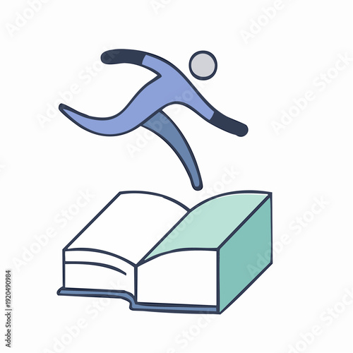figure leaps dynamically over an open book, their curved limbs and simple shapes creating a bold, energetic symbol of learning, growth, and forward momentum