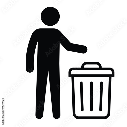 Black silhouette icon showing a person disposing of waste in a trash can with an open lid. Professional graphic for sanitation and housekeeping.