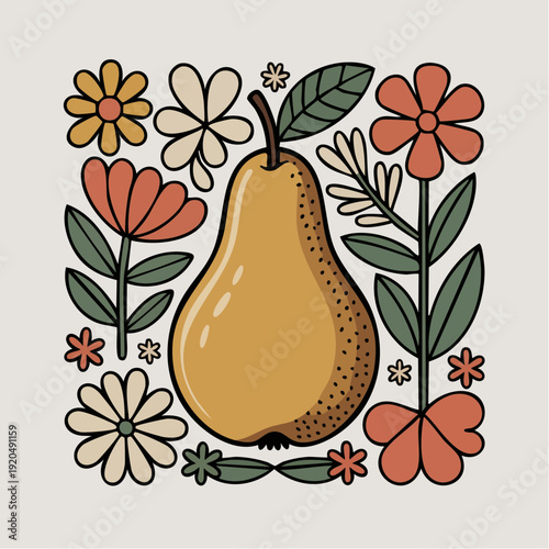  bright yellow pear sits at the center of a lush decorative arrangement, surrounded by bold red, cream, and yellow flowers with leafy green accents; symmetrical layout and warm, saturated palette