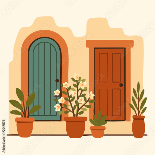 rustic architectural details ; charming facade featuring two colorful doors framed by terracotta pots overflowing with leafy greens and soft blossoms