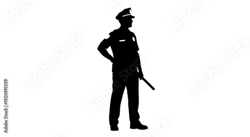 Guardian Silhouette: A lone police officer stands vigilantly, holding a baton, as a symbol of protection and public service.