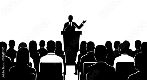 Oratory Art: A silhouette speaker addresses a captivated audience, delivering a passionate speech. Witness the power of words in this striking image